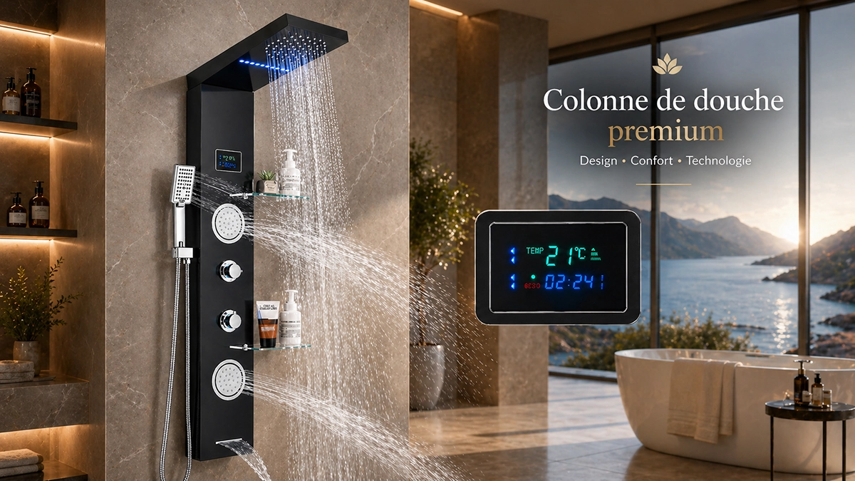 Panneau de douche hydromassant LED noir Ténor